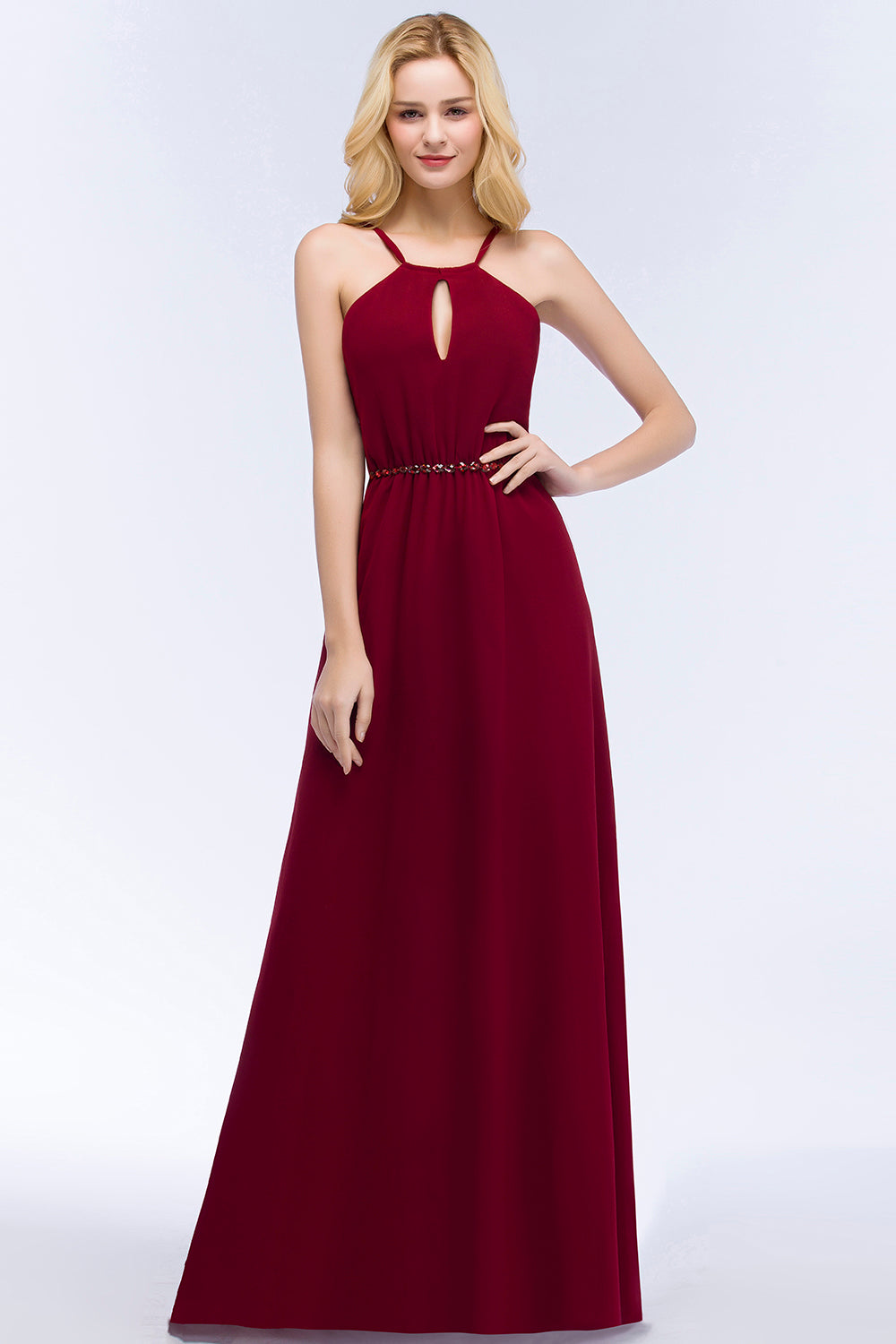 Burgundy Spaghetti Straps Long Bridesmaid Dress with Beading Sash-27dress