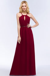 Burgundy Spaghetti Straps Long Bridesmaid Dress with Beading Sash-27dress