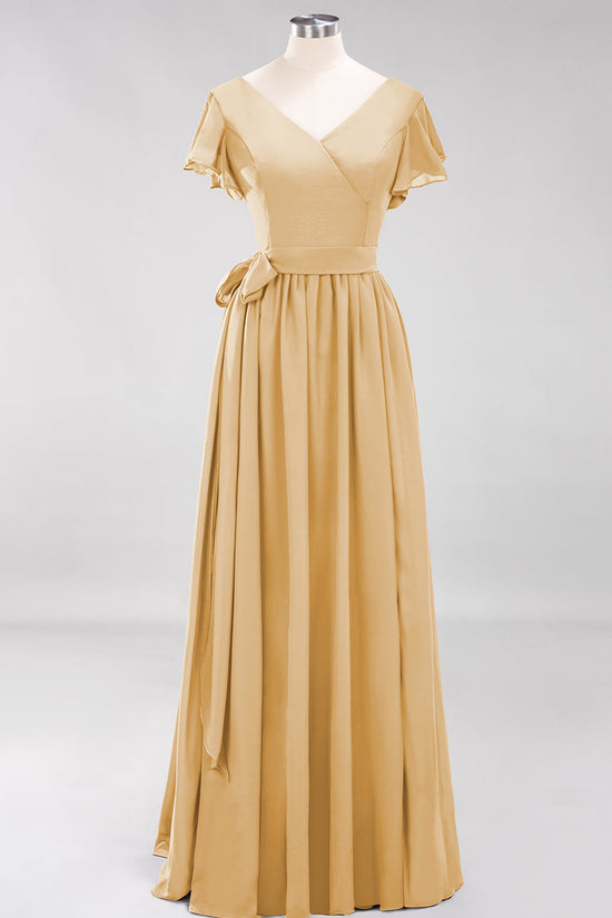 Burgundy V-Neck Long Bridesmaid Dress With Short-Sleeves-27dress