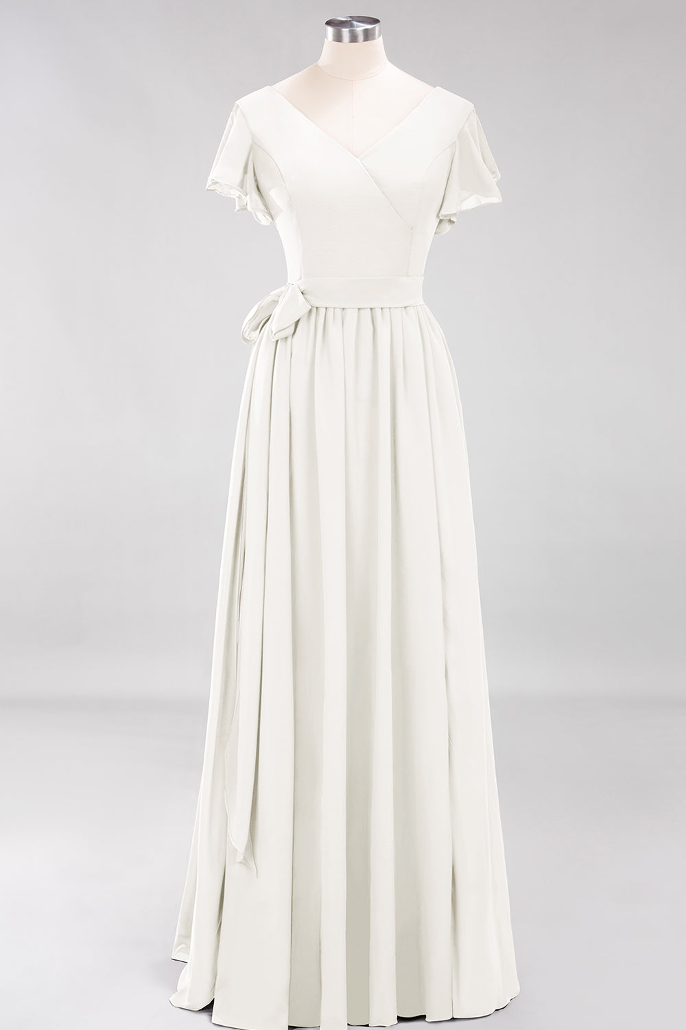 Burgundy V-Neck Long Bridesmaid Dress With Short-Sleeves-27dress