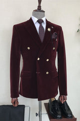 Burgundy Velvet Double Breasted Chic Men's Formal Suits with Black Pants