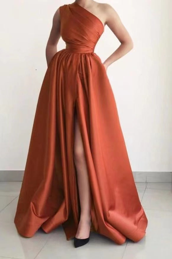 Burnt Orange Elegant One Shoulder Sleeveless Prom Dress A Line Split With Pockets