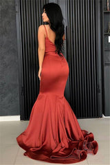 Burnt Spaghetti Strap Sleeveless Orange Mermaid Prom Dress Long With Pleated