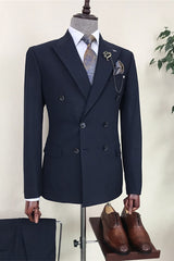 Business Suits For Men Formal Navy Blue Double Breasted Peaked Lapel Set-27dress