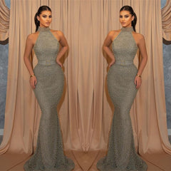 Halter Sleeveless Mermaid Evening Dress with Sequin Belt Online