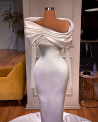 Elegant White Evening Dress Long Sleeves with Beadings