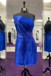Sparkly Royal Blue Sequins One Shoulder Tight Short Homecoming Dress with Lace