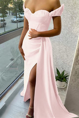 Stunning Lilac Off-the-Shoulder Evening Dress Long Split with Ruffle