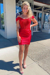 Red Off the Shoulder Tight Short Homecoming Dress with Lace