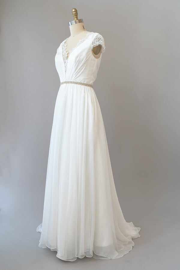 Cap Sleeve V-neck Lace Chiffon Sheath Wedding Dress Online-27dress