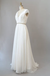 Cap Sleeve V-neck Lace Chiffon Sheath Wedding Dress Online-27dress