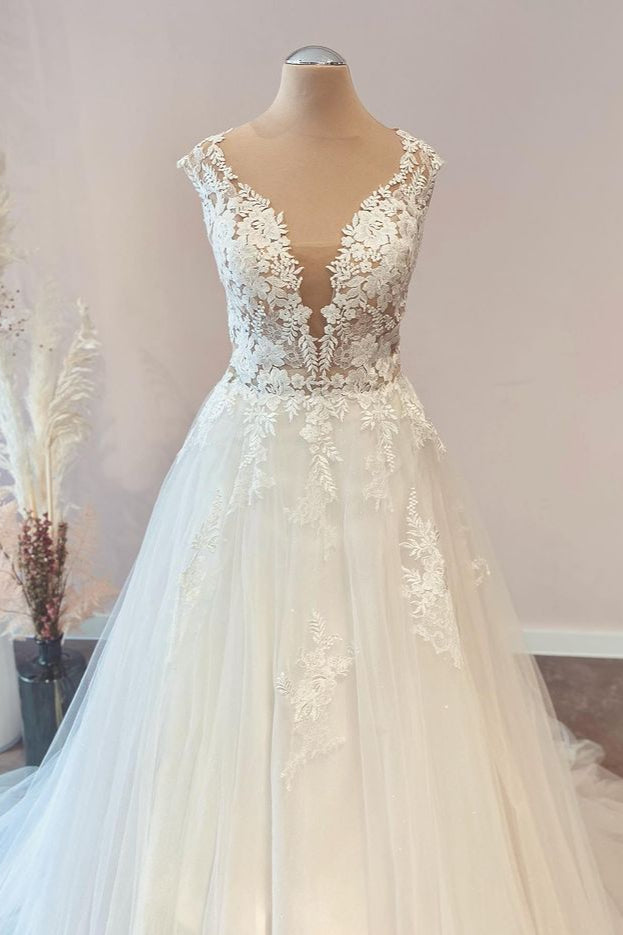 Cap Sleevels Princess Wedding Dress Lace Tulle Long-27dress