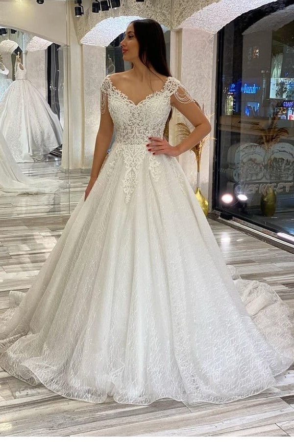 Cap Sleeves Ball Gown Wedding Dress Shinning WIth Appliques-27dress