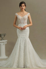 Cap Sleeves Lace Mermaid Long Wedding Dress-27dress