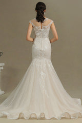 Cap Sleeves Lace Mermaid Long Wedding Dresses-27dress