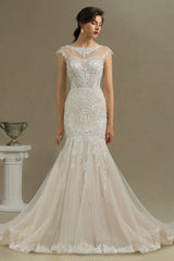 Cap Sleeves Lace Mermaid Long Wedding Dresses-27dress