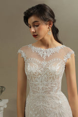 Cap Sleeves Lace Mermaid Long Wedding Dresses-27dress