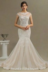 Cap Sleeves Lace Mermaid Long Wedding Dresses-27dress