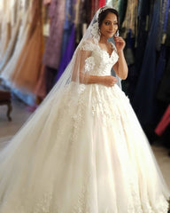 Cap Sleeves Lace Wedding Dress Ball Gown V-Neck-27dress