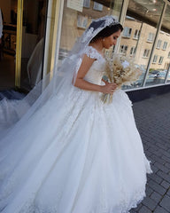 Cap Sleeves Lace Wedding Dress Ball Gown V-Neck-27dress