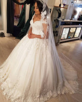 Cap Sleeves Lace Wedding Dress Ball Gown V-Neck-27dress