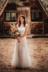 Cap Sleeves Lace Wedding Dress Mermaid Boho Bridal Wear-27dress