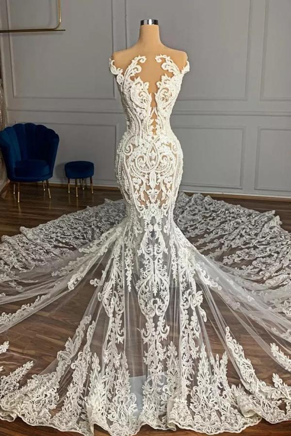 Cap Sleeves Lace Wedding Dress Mermaid Long On Sale-27dress