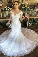 Cap Sleeves Lace Wedding Dress Mermaid With Appliques Online-27dress