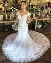 Cap Sleeves Lace Wedding Dress Mermaid With Appliques Online-27dress