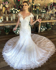 Cap Sleeves Lace Wedding Dress Mermaid With Appliques Online-27dress
