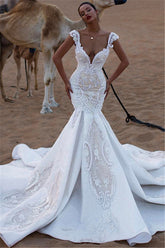 Cap Sleeves Mermaid Lace Wedding Dress V-Neck Long-27dress