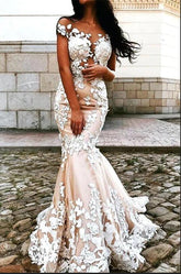 Cap Sleeves Mermaid Wedding Dress Open Back With Appliques-27dress