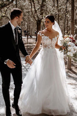 Cap Sleeves Summer Beach Tulle Wedding Dress WIth Appliques-27dress