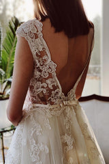 Cap Sleeves Tulle Wedding Dress Open Back With Appliques Long-27dress