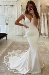 Cap Sleeves V-Neck Mermaid Wedding Dress Sleeveless With Lace-27dress