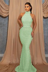 Halter Sleeveless Mermaid Evening Dress with Sequin Belt Online