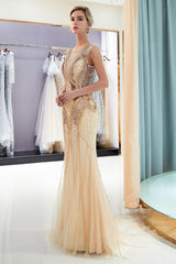 Champagne Long Mermaid Jewel Beading Sequins Evening Dresses-27dress