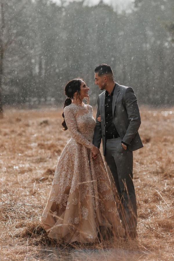 Champagne Long Sleeves Wedding Dress Ball Gown With Appliques-27dress