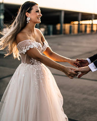 Champagne Off-the-Shoulder Beach Wedding Dress Tulle With Appliques-27dress