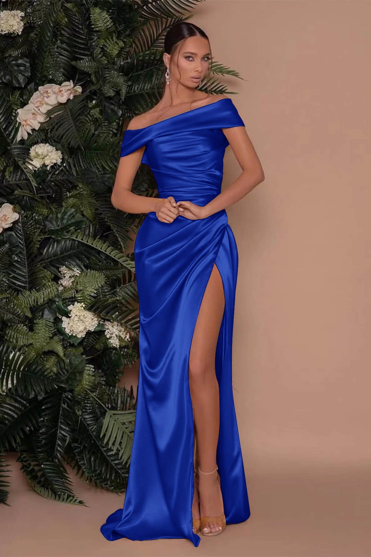 Champagne Off-The-Shoulder Charmeuse Prom Dress with Split Mermaid