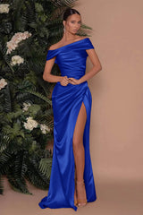 Champagne Off-The-Shoulder Charmeuse Prom Dress with Split Mermaid