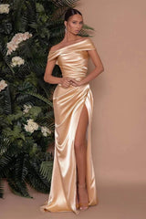 Champagne Off the Shoulder Sleeveless Prom Dress Charmeuse Split Mermaid