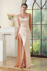 Champagne Satin V-neck Sheath Long Prom Dress with Slit-27dress