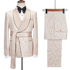 Champagne Shawl Lapel Double Breasted Jacquard Wedding Suits
