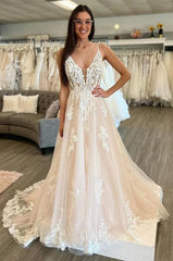 Champagne Sleeveless Wedding Dress Lace Appliques V-Neck-27dress