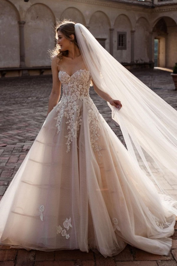 Champagne Sweetheart Wedding Dress Tulle With Lace Appliques-27dress