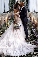 Champagne Tulle Bridal Dress Off-the-Shoulder With Appliques-27dress