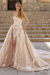 Champagne Wedding Dress Overskirt Sweetheart With Lace Appliques-27dress