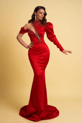 Charmeuse Prom Dress One Sleeve Red High Neck Mermaid With Beading