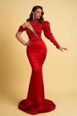 Charmeuse Prom Dress One Sleeve Red High Neck Mermaid With Beading